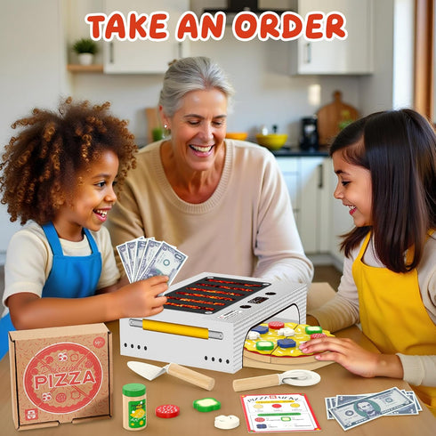 Set, 3 4 5 6, WOODMAM Pizza Toy Montessori Realistic Play Food with Oven Box, Educational Learning Toys