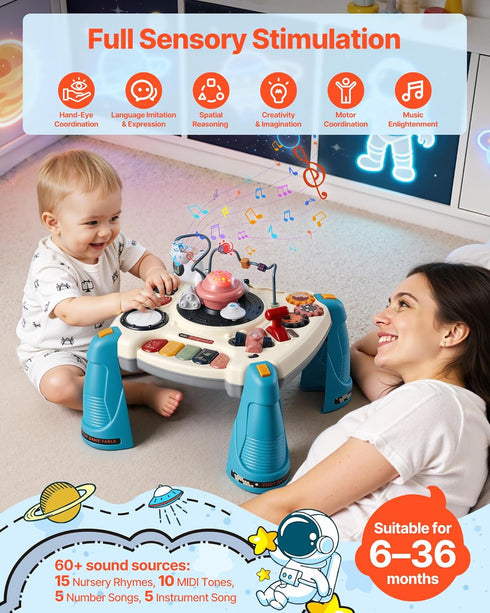 1-3 60+ 6+ VEVOR Baby Spacecraft Musical Table Toys for Years Old, Learning Activity Desk with Space Theme & Soft-Glow