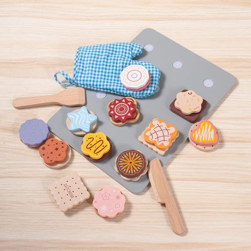 28pcs Playset, Set Wooden Cookie Maker Toy Kitchen Accessories, Kids Play Kitchen Cutting and Baking Food Toys Cookies