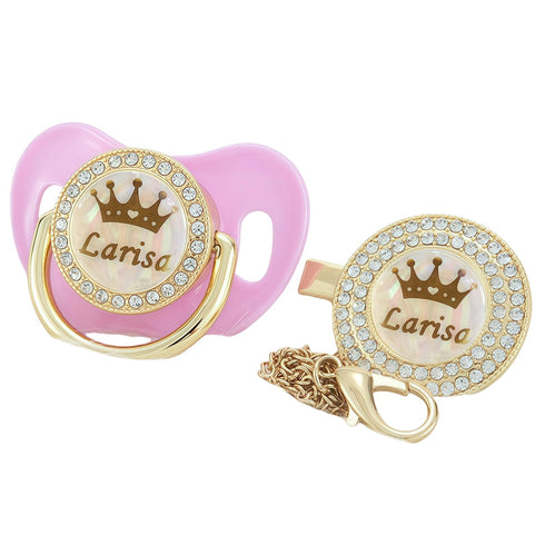 Set 18 Personalized Any Name Bling Gold Silver Pacifier and Clip Colors