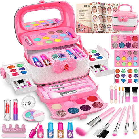 Hollyhi 58 Pcs Kids Makeup Kit for Girls, Real Washable Cosmetic Set with Mirror, Pink Birthday Gifts for Ages 3-12