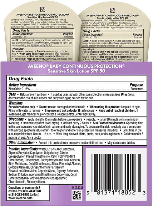 SPF#50 3 (88ml) (Pack 2) Aveeno Baby Continuous Protect Lotion Sensitive Ounce