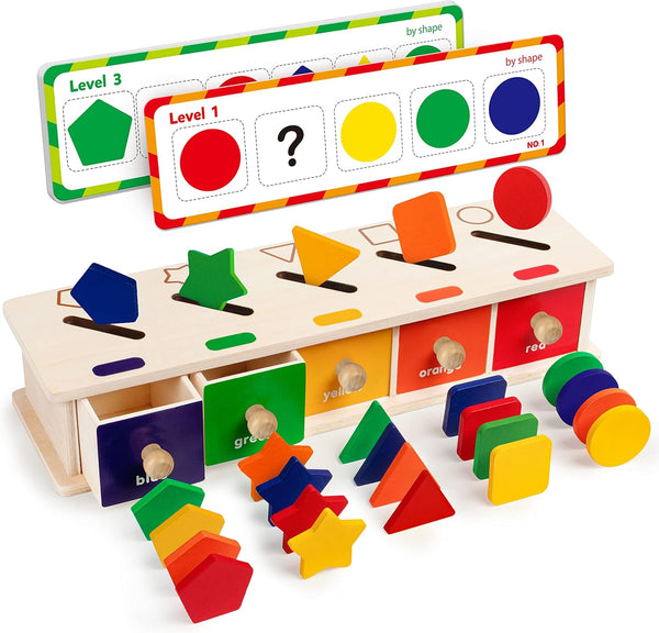 Coogam Montessori Wooden Color Shape Sorting Box Game - Geometric Matching Blocks, Educational Toy Gift for 3-5