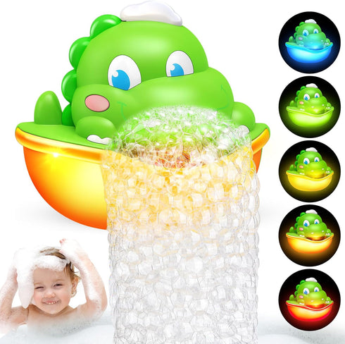 Baby Bath Toys Light-Up Bubble Machine, Automatic Bubble Maker with Cool Light for Kids Ages 1-8, Dinosaur Gifts