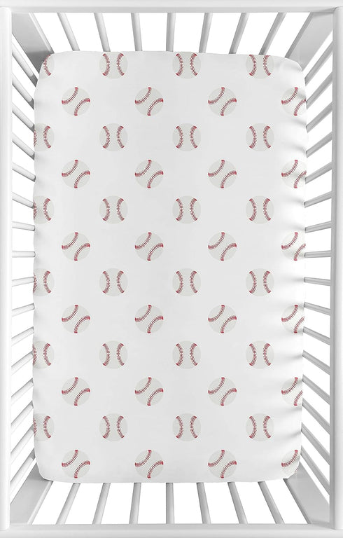 Sweet Jojo Designs Red and White Baby Boy Fitted Mini Crib Sheet - Baseball Patch Sports Collection for Mini Crib