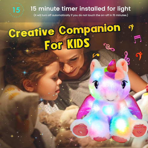 11'' Hopearl LED Musical Stuffed Unicorn Adorable Lighting Up Singing Plush Toy Adjustable Volume Lullaby Animated