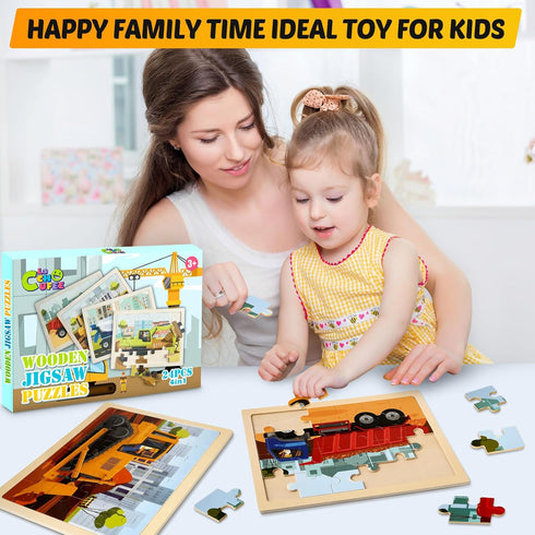 Wooden Vehicle Puzzles for Kids Age 3-5 - 4 Pack 24 Pcs Montessori Toddler Jigsaw Puzzles for Learning Activities