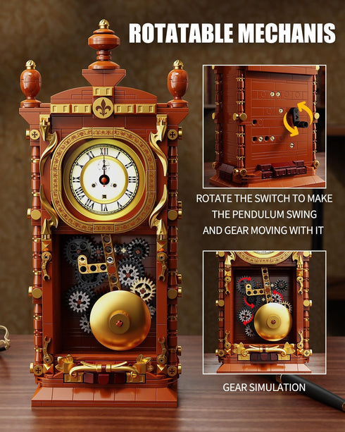 TYCOLE Set, 6+ Vintage Pendulum Clock Building Block Stem Toy with Real Clock Function and Linkable Mechanical
