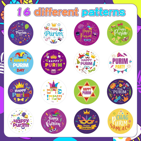 CNhoqc 1000 Happy Purim Stickers Roll - Pcs Round Happy Purim Waterproof Vinyl Reusable Laptop Sticker Coloring Book