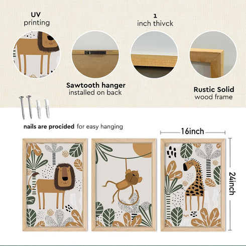 YWJKWLGS Set 3, 16x24 Inch Boho Safari Nursery Wall Art of Natural Solid Wood Framed Animal Print, Giraffe Monkey Lion