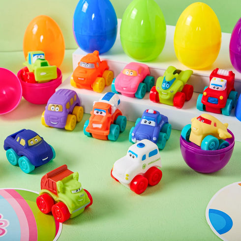 12 JOYIN Pcs Easter Eggs with Toys, Plastic Eggs with Rubber Cars, Basket Stuffers, Party Favors for Toddlers and Kids