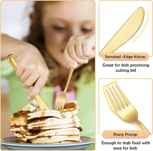 12-Piece Gold Kids Silverware Set, E-far Stainless Steel Toddler Utensils Safe for Preschooler/Children, Includes 4