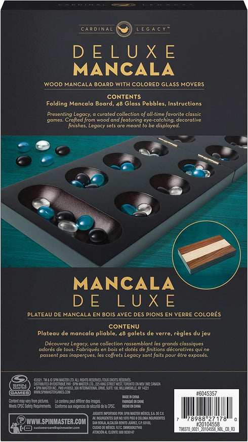 Legacy Deluxe Mancala Classic Game - Folding Wooden Board with Colored Glass Stones for Ages 8+