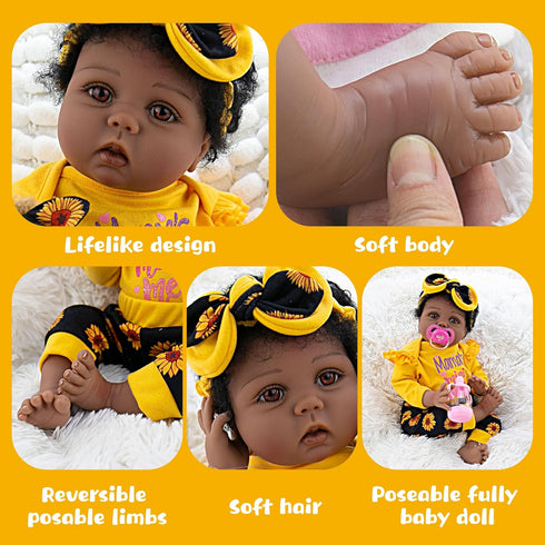 Lifelike Reborn Baby Dolls Black Girl - Realistic Newborn Dolls with Soft Poseable Body, Teddy Toy, Sunflower Clothes,