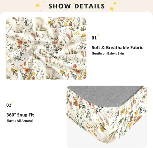miaozhen 1 Pack 52x28 Cotton Crib Sheets for Baby Boys Girls Ultra Soft Rabbits and Flowers Crib Mattress Sheet