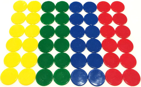Plastic Counters (48): Gaming Tokens in Blue, Red, Yellow, Green for Bingo, Tiddly Winks, Board Games
