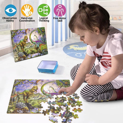LELEMON 100 Piece Dinosaur Puzzles for Kids Ages 4-8, Educational Jigsaw Puzzles in a Metal Box