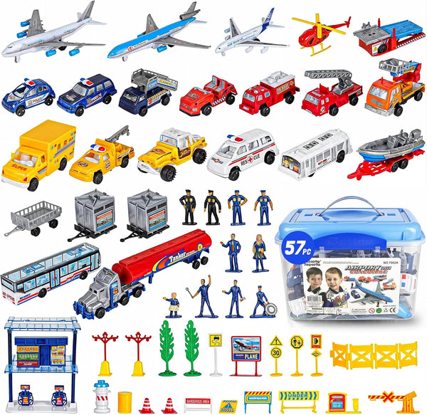 57 PCS Commercial Airport Playset with Airplane Toys, Play Vehicles, Fire Trucks,