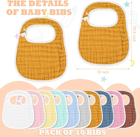 Loopeer 10 Pcs Snap Muslin Bibs Baby Bibs for Boy Girl Infants Newborns Bib Soft Snap Bibs for Teething Drooling (Colorful)