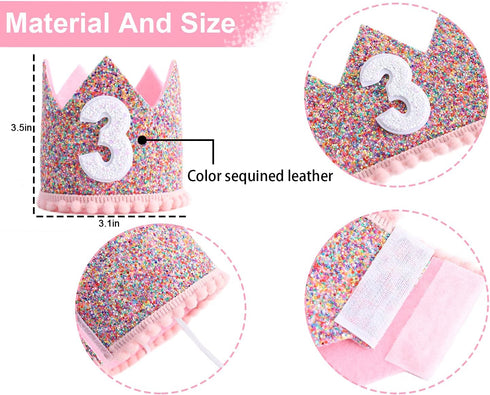 Rainbow Crown for 3rd Birthday Party, Glitter Birthday Crown, Birthday Hats for Kids, Baby's Birthday Photo Props
