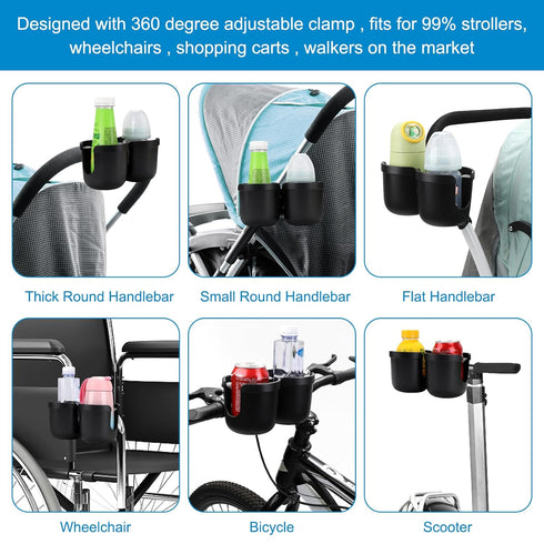 Accmor Double Cup Holder for Stroller, Universal Bike Cup Holder, 2-in-1 Cup and Phone Holder for Stroller, Wheelchair