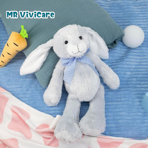 14" Blue Bunny Stuffed Animal for Kids and Newborns, Huggable Plush Rabbit Toy with Bow for Boys and Girls