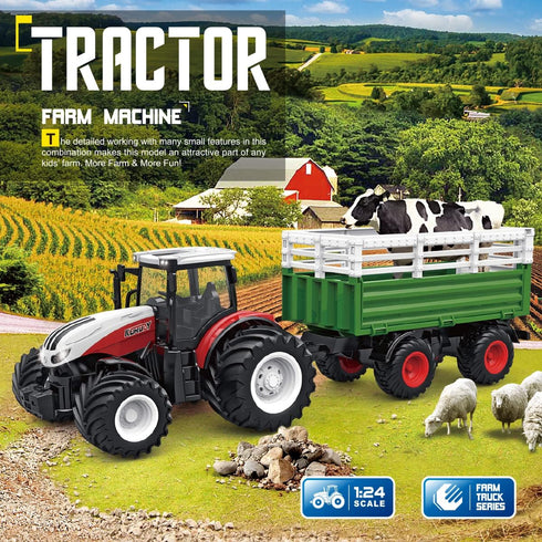 Set 1/24 2.4Ghz 6, 7, 8, 9 fisca Remote Control Tractor Toy RC Farm with Trailer Front Forklift, Scale Electronic Farm