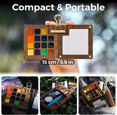 Set, 15-Color Funto Mini Watercolor Paint All-in-One Walnut Wood Premium Pocket Travel Paint Kit, with Crossbody