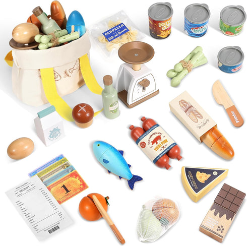 Pithfor Wooden Play Food Set for Kids Toddlers, Grocery Store Pretend Play