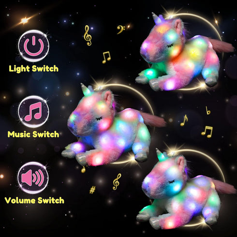 Hopearl LED Musical Stuffed Unicorn Playset, Singing Plush Toy with 3 Baby Unicorns, 19'' for Toddlers.