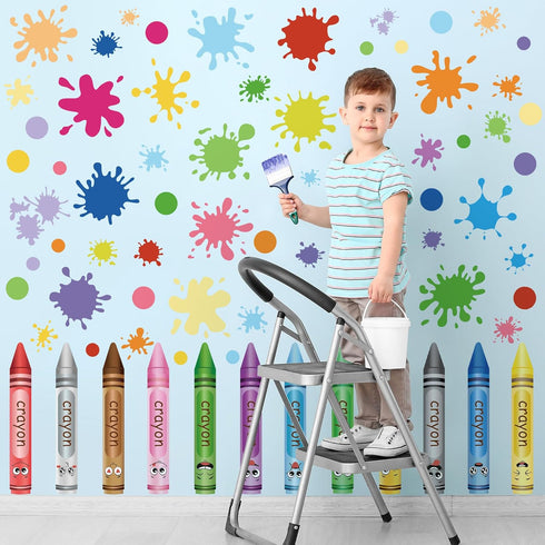 10 Sheets Creative Colorful Crayons Wall Decals Watercolor Ink Splash Dots Pens Wall Stickers DIY Removable Peel
