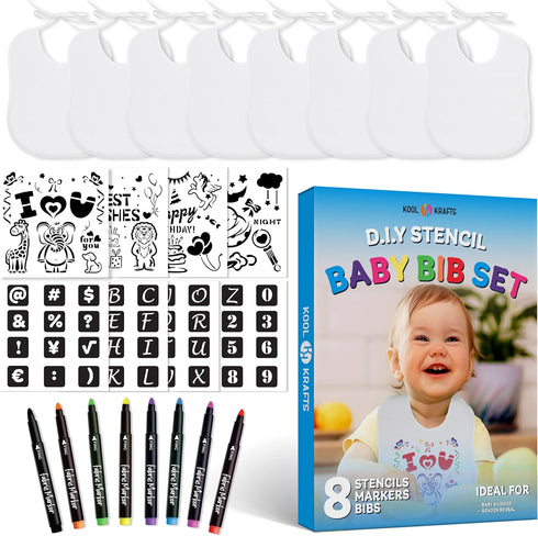 Baby Bibs Set - 8 Bibs, 8 Fabric Markers, 8 Stencils, 2 Ply Knit Terry Solid White Feeder Bibs - Baby Gifts Registry
