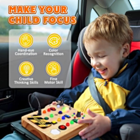 TINTECUSA Busy Board with LED Light, Wooden Sensory Toys for Toddler, Montessori Music Toy for Airplane, Travel