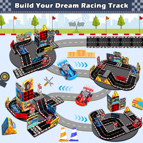 Set, 2 3 4 5 6 7 8, 3 Magnetic Tiles Road Rail Race Track with Racer Cars, Magnetic Car Racing for Kids Ages Magnet