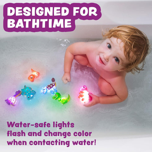 6 Pack Tub Works Dinos Dinosaur Light Up Bath Toys, | Water-Activated Light Up Toys Flash & Change Color | Easy-Grip