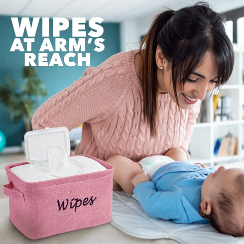 Baskets for Organizing Wipes and Newborn Essentials, Pink Linen Diaper and Wipes Organizer, 9 x 6 x 5.5 Inches