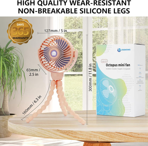360 snawowo Mini Portable Baby Stroller Fan, Battery Operated Clip on Fan, Rechargeable Rotate Flexible Tripod Handheld