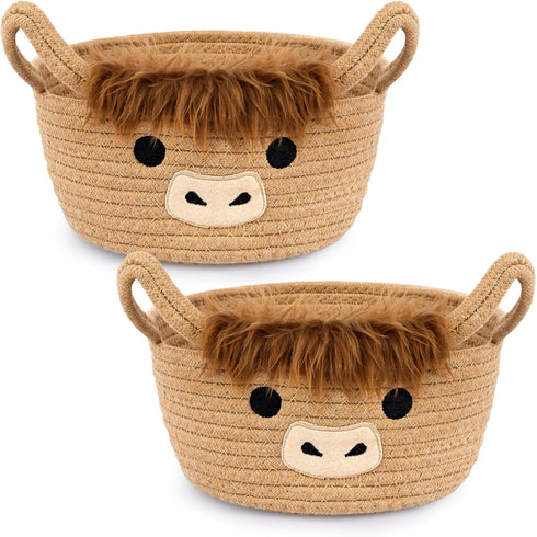 Small Highland Cow Basket Set for Nursery, 2PCS Woven Cotton Rope Storage