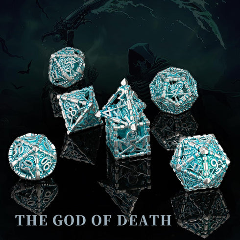D&D Dice Set, Hollow Blue White Metal Grim Reaper Dice of 7 Piece, Polyhedral DND Dice for Table Game MTG or RPG