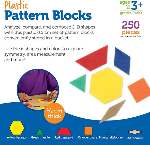 250 Set Learning Resources Plastic Pattern Blocks - Classroom Must Haves, Math Teaching Tools, Homeschool Supplies