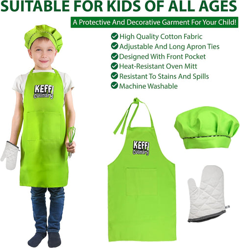 KEFF Kids Cooking and Baking Set, 30 Pcs Real Kitchen Utensils for Girls, Boys, Toddler - Green Kit with Apron & Chef