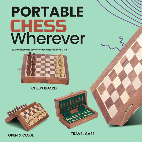 Ajuny Magnetic Travel Chess Set - Handcrafted Acacia Wood, Foldable Board with Elegant Storage