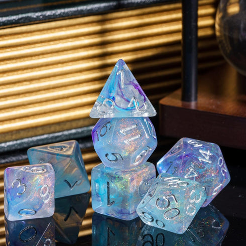 UDIXI 7PCS Polyhedral Dice Set for Dungeons and Dragons, D&D with Glitter and Cyan Swirls (Purple Cyan)