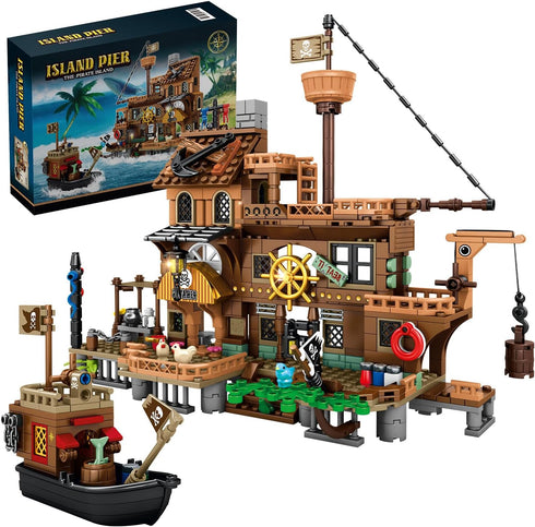 RiceBlock Pirate Ship Building Toys, Pirate Wharf Themed City Store Building Bricks Sets