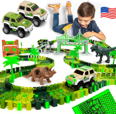 JITTERYGIT Dinosaur Jurassic Race Track Train Glow in The Dark World Toy Set - Kids Dino Racetrack Park with T-Rex &