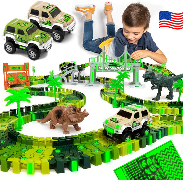JITTERYGIT Dinosaur Jurassic Race Track Train Glow in The Dark World Toy Set - Kids Dino Racetrack Park with T-Rex &