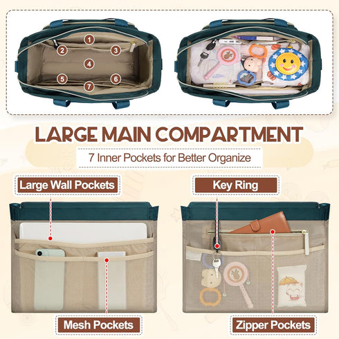 RAINSMORE Diaper Bag Tote, Large Diaper Baby Bag Waterproof Multifunctional Diaper Bag with Pacifier Case & Changing