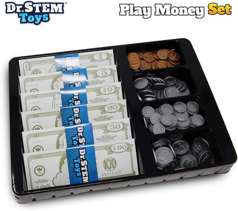 Set 400 Dr. STEM Toys Play Money for Kids: Durable Boxed Provides Pieces of Realistic Fake Money Bills & Fake Coins