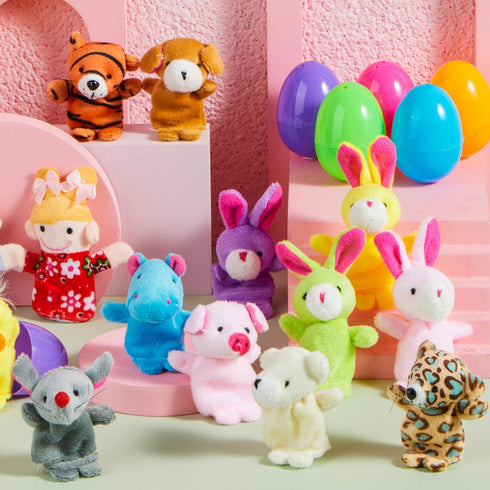 24 JOYIN Pcs Easter Eggs Filled with Finger Puppets, Prefilled Egg with Cartoon Animal Puppets for Kids Easter Hunt