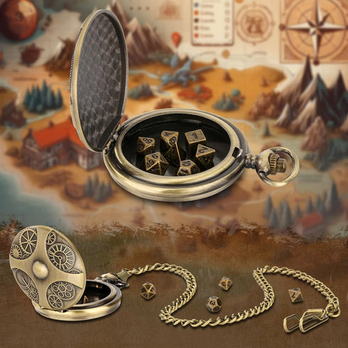 Mini DND Dice Set: 7pcs Polyhedral Metal Dice with Bronze Steampunk Gear Pocket Watch Case